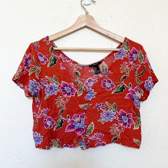 Forever 21 dusty red orange floral print vneck button down crop top shirt womens - Picture 1 of 5